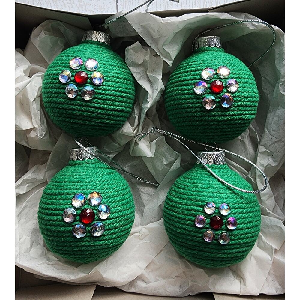 Handmade Green Yarn Wrapped Rhinestone Embellished Ornaments Set of 4